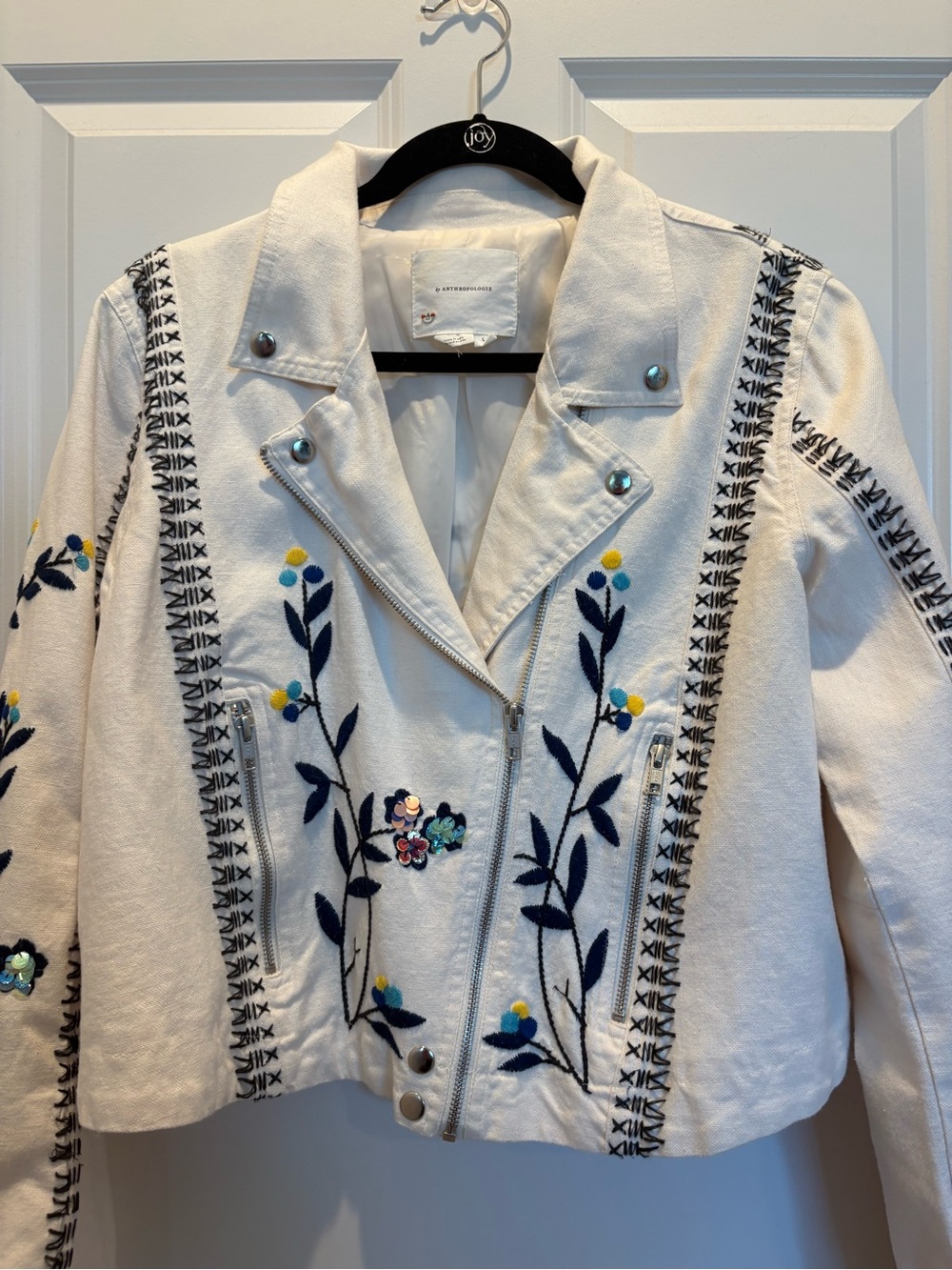 BRAND NEW Anthropologie White Embroidered Moto Jacket, Size Large - Picture 7 of 16